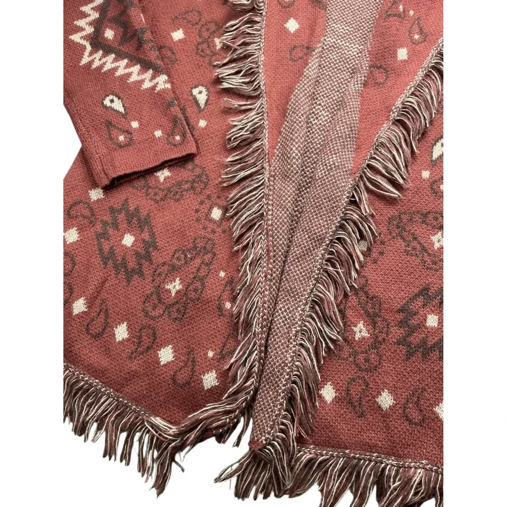 Womens Large Southwestern Fringe Open Front Cardigan Rust 12W2790N - Picture 5 of 16